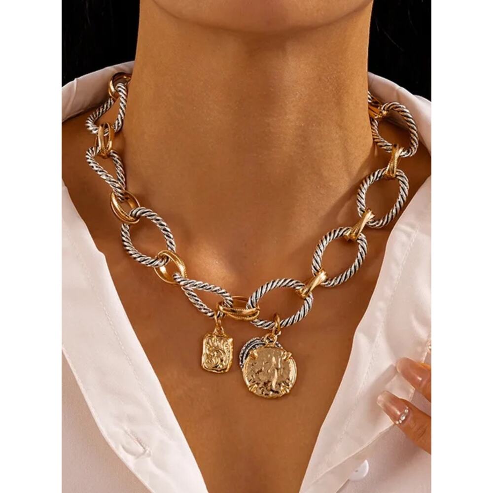 Zara Stainless Steel Two Tone Coin Statement Necklace Chunky Vintage Luxe Boho - Picture 8 of 15
